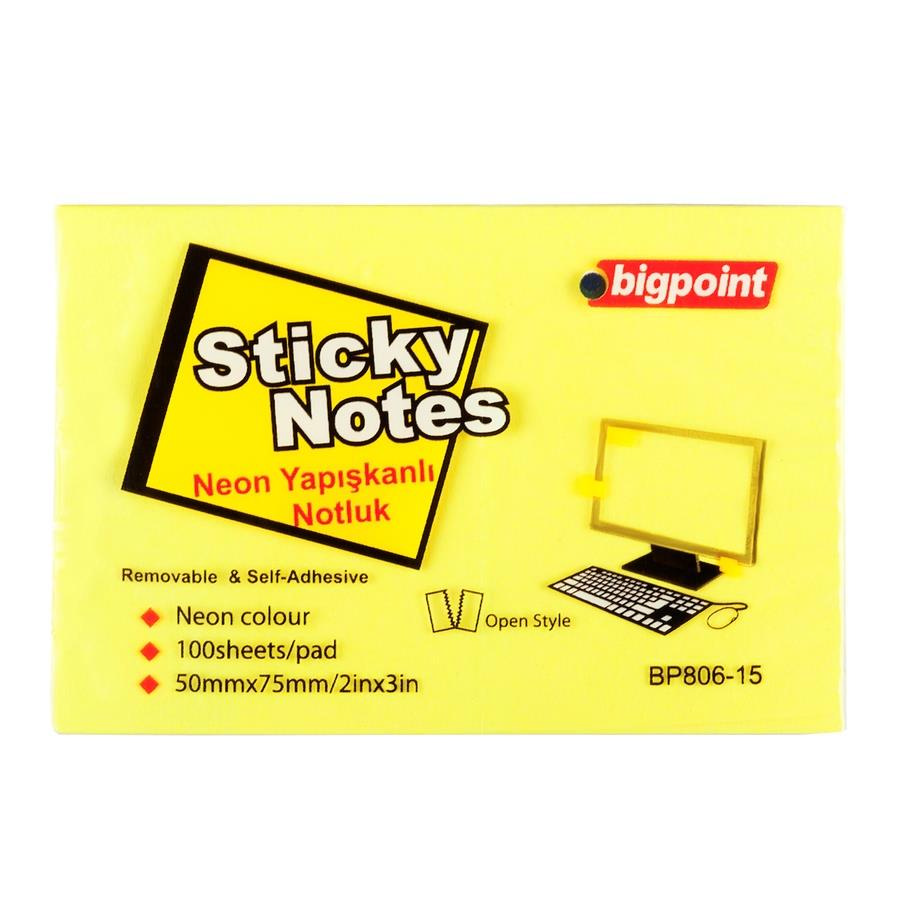 Bigpoint Yapışkanlı Not Kağıdı 75 mm x 50 mm Neon Sarı 100 Yaprak (12 Li Paket)