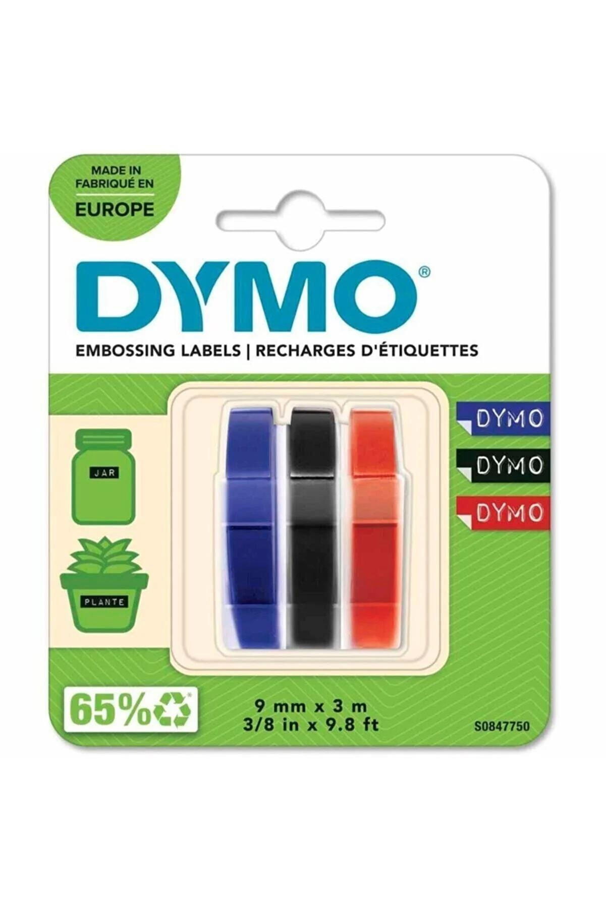 Dymo Kabartma Şerit 9 mm x 3 Metre 3 Lü Blister Kırmızı Mavi Siyah
