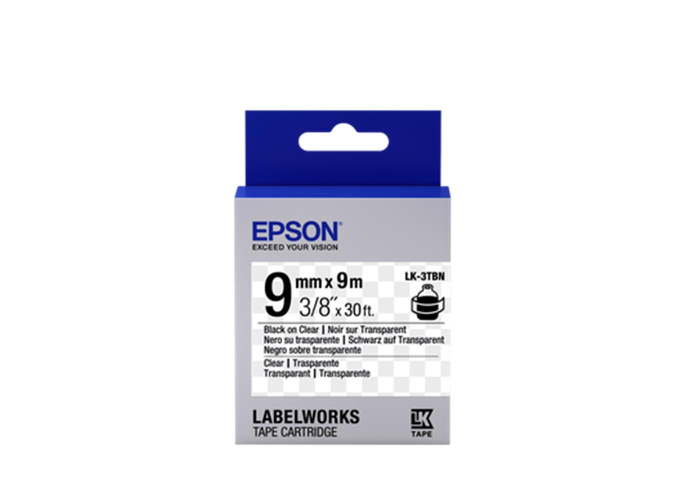 Epson LK-3TBN ŞEFFAF ÜZERİNE SİYAH -NORMAL YAPIŞKAN 9 MM 9 Metre Etiket