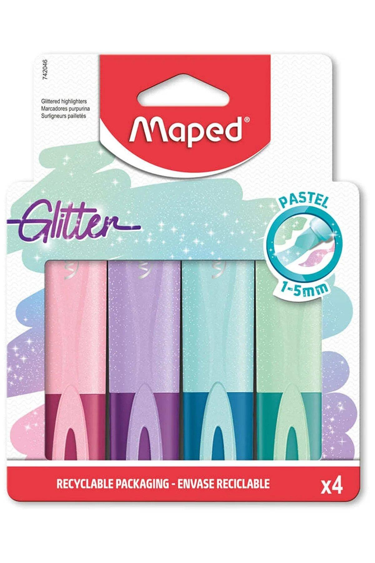Maped Fosforlu Kalem Glitter Pastel Kesik Uçlu 1-5mm 4 Renk Fosforlu İşaretleme Kalemi