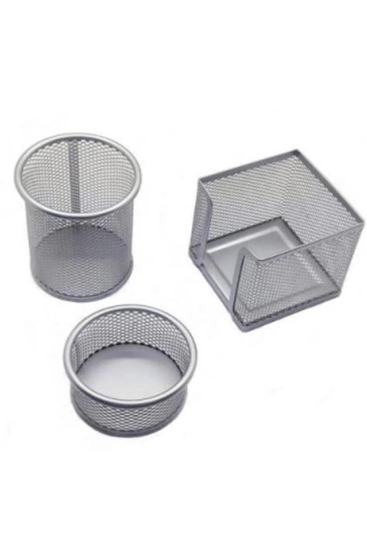 Mas 505 Metal Perforeli Masa Seti Ataşlık + Kağıtlık + Kalemlik 3 Lü Set Silver