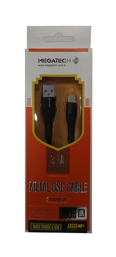 Megatech 3.1A Örgülü A Serisi Typ-c Data Kablosu Gri-Siyah