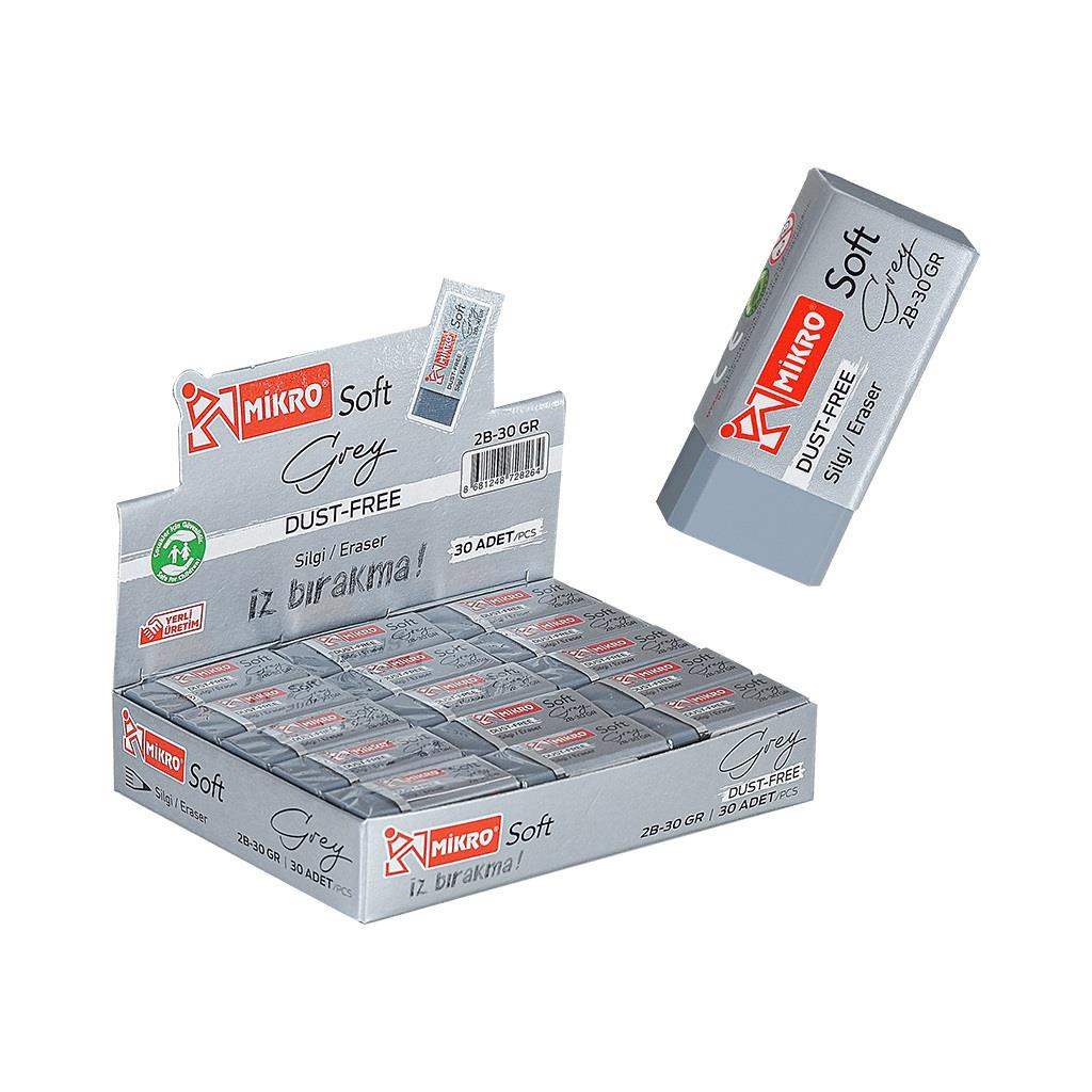 Mikro Silgi 2B-30 GR Gri Öğrenci Silgisi (30 Lu Paket)