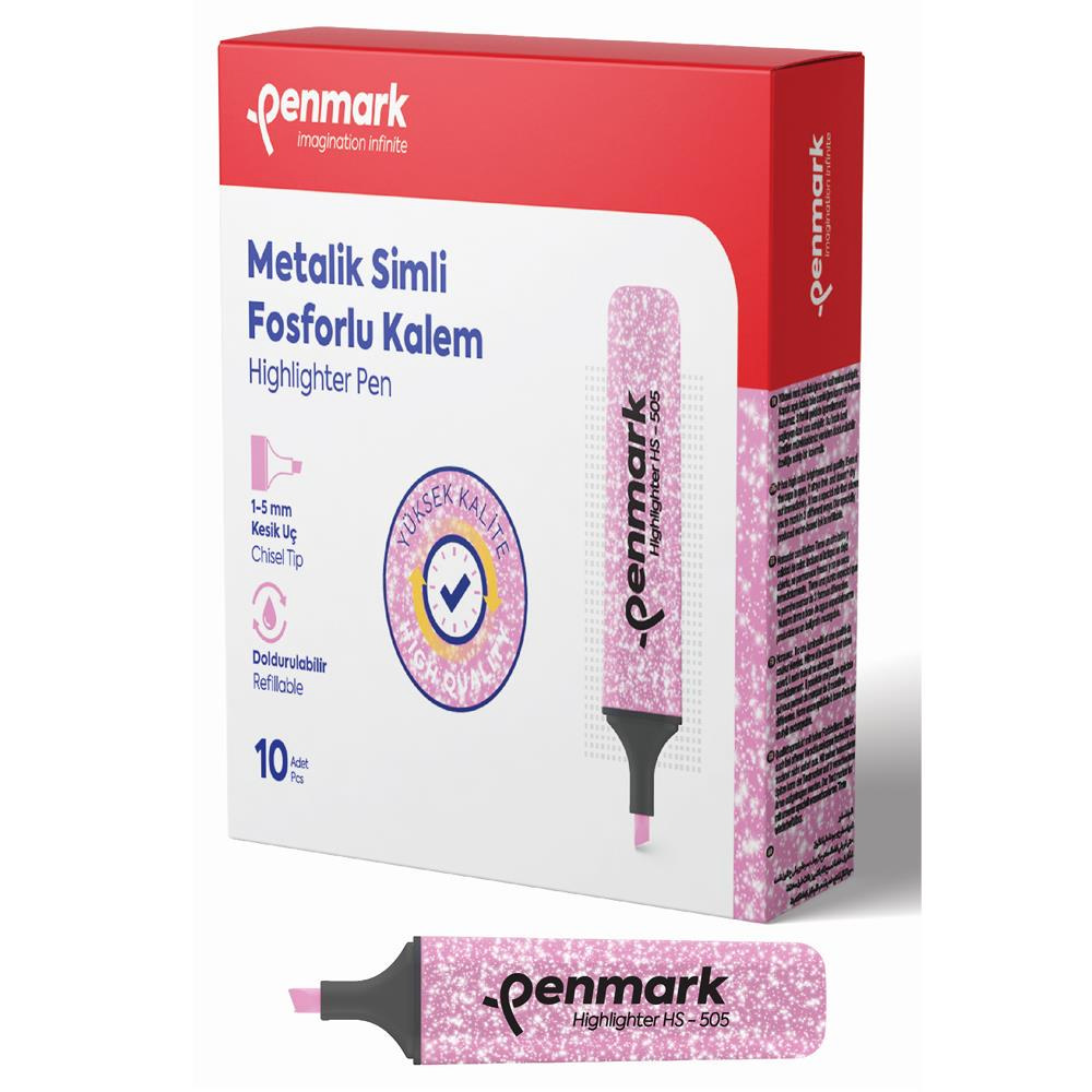 Penmark Fosforlu Kalem Metalik Simli Gülpembe 1-5 MM Kesik Uçlu İşaretleme Kalemi (10 Lu Paket)