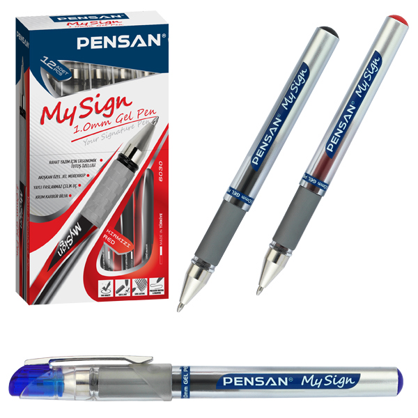 Pensan 6030 My-Sign Bilye Uçlu Jel Roller İmza Kalemi 1.0mm Kırmızı x 12 Li Kutu