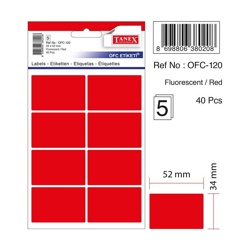 Tanex Flo Kırmızı 34 x 52 MM Ofis Etiketi 5 Yaprak (10 Lu Paket)
