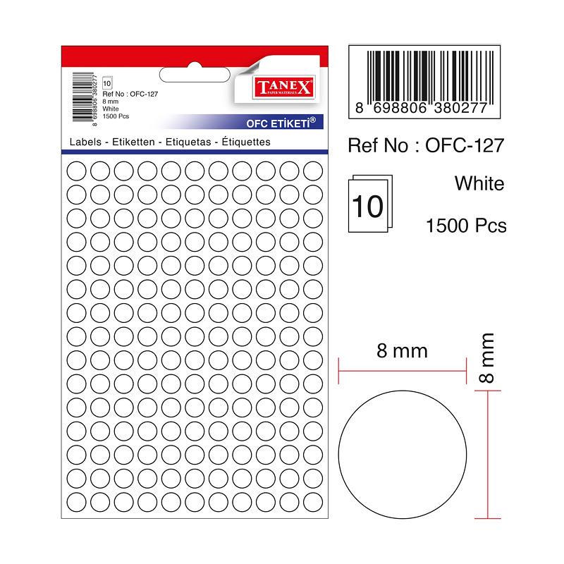 Tanex Ofis Etiketi Beyaz 8 MM Yuvarlak Ofis Etiketi 10 Yaprak (10 Lu Paket)